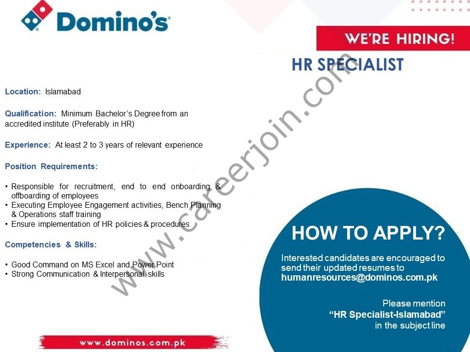 Domino’s Pizza Pakistan Jobs HR Specialist 2021