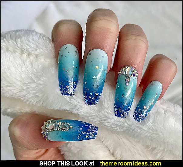 FROZEN Disney Princess Elsa Blue Silver Ombre Glitter Swarovski Crystal Press on Nails  elsa nails disney princess elsa frozen nail decorations