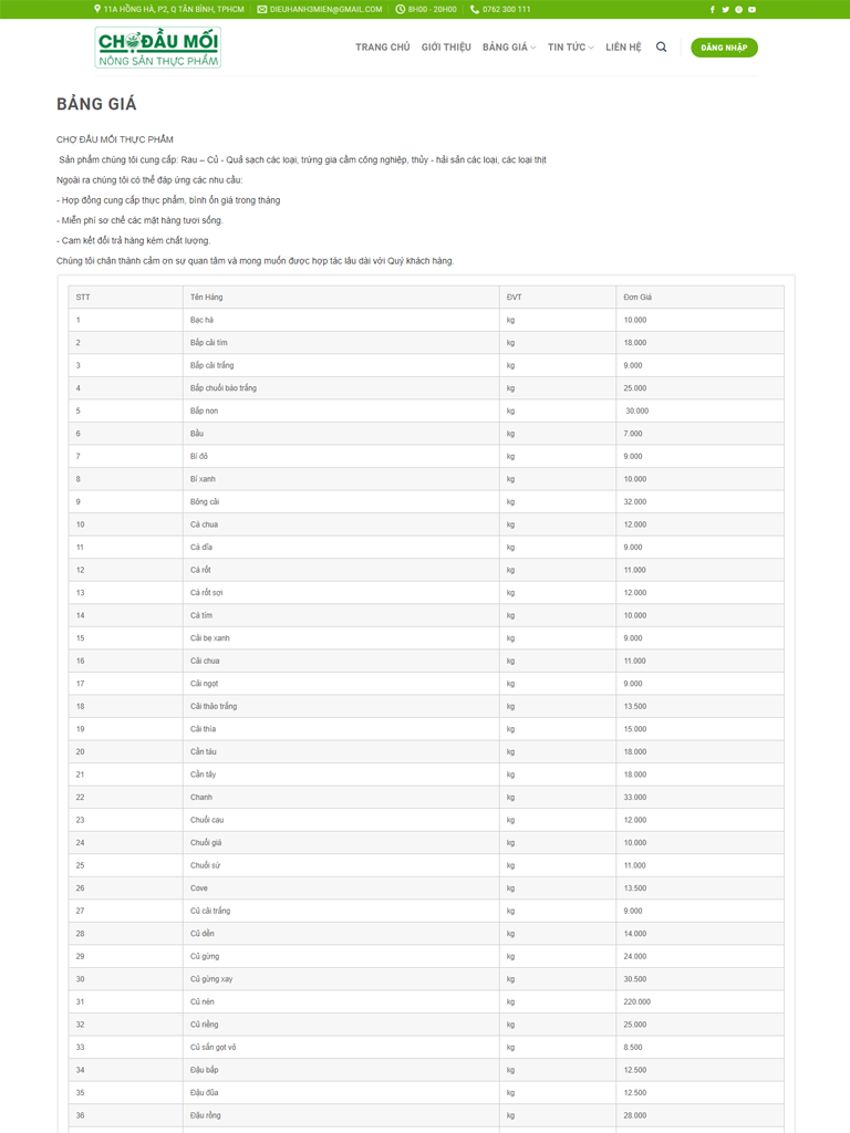 Dự Án  dịch vụ tích hợp getcode bảng giá chợ đầu mối thực phẩm