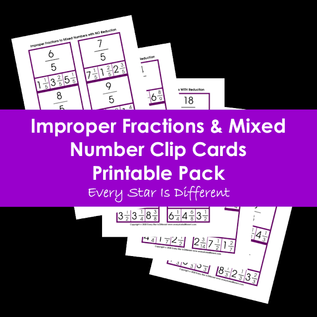 Improper Fractions & Mixed Numbers Clip Cards Printable Pack