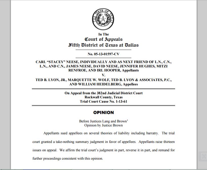 Coa Tx Neese V Lyon Civil Barratry Dallas Court Of Appeals Addresses Multiple Complex Legal Issues In Clients Suit Against Attorneys Seeking To Void Attorney Fee Agreement Based On Illegal Solicitation After Pipeline
