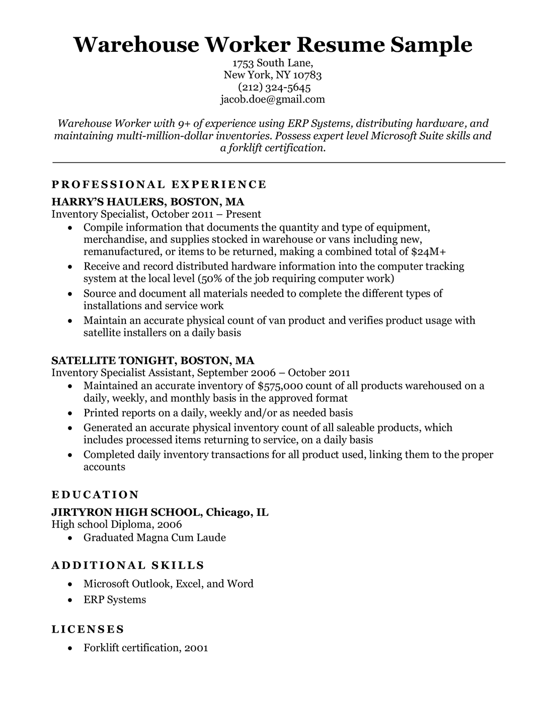 Resume Templates For Warehouse - Warehouse Worker Resume Sample Resume Companion