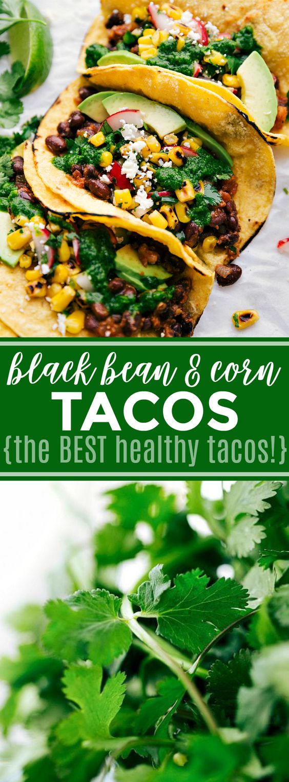 Healthy tacos made with seasoned black beans, a corn relish, fresh avocado, and a delicious cilantro pesto; Made with wholesome, good-for-you ingredients, these are the BEST healthy tacos ever! These tacos are vegetarian, but trust me, you won't be missing the meat! via  #taco #corn #black #bean #vegetarian #veggie #healthy #easy #quick #tacos #cilantro #avocado