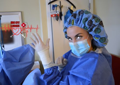 Image: Nurse Gypsy & Associates; medical fetish; nurse; doctor; clinic; pro-domme; smile; eyes; gloves; hands;