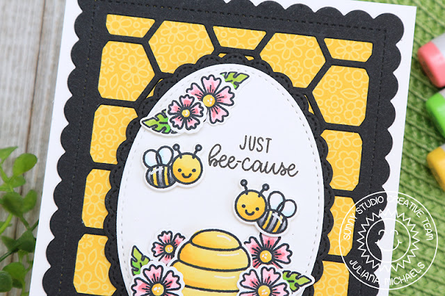 Sunny Studio Stamps: Just Bee-cause Fancy Frame Dies Frilly Frames Dies Stitched Oval Dies Just Because Card by Juliana Michaels