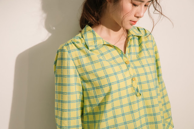 半夏U領襯衫-月光海(檸綠黃格)模特兒實穿