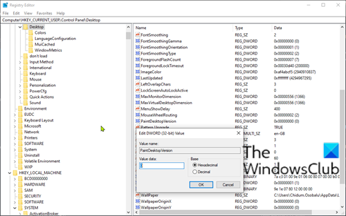 ลบเปิดใช้งานคีย์รีจิสทรีลายน้ำ Windows-PaintDesktopVersion ของ Windows