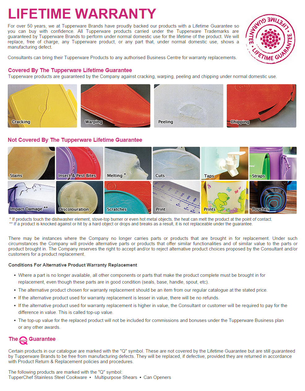 Aquaniels Store QUALITY ASSURANCE & WARRANTY FOR TUPPERWARE