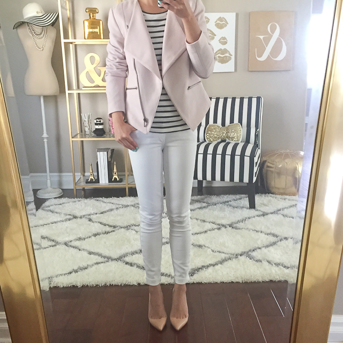 Christian Louboutin nude pigalle pumps, Gold mirror, gold sequin bow pillow, Halogen petite zip pocket jacket, Paige Denim Verdugo Ankle white Jeans, PBTeen dress form, striped accent chair, striped tee