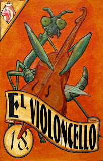 A loteria card used for fortune telling which features a praying mantis playing a cello.