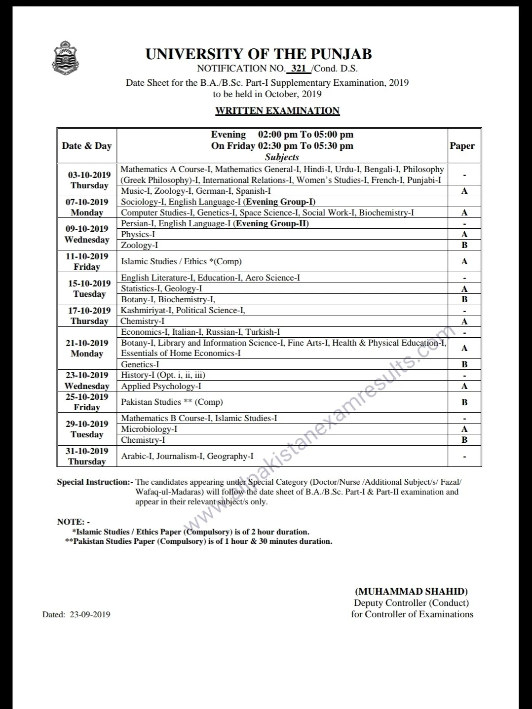 Date Sheet B.A Supplementary Part 1 PU Lahore 2019