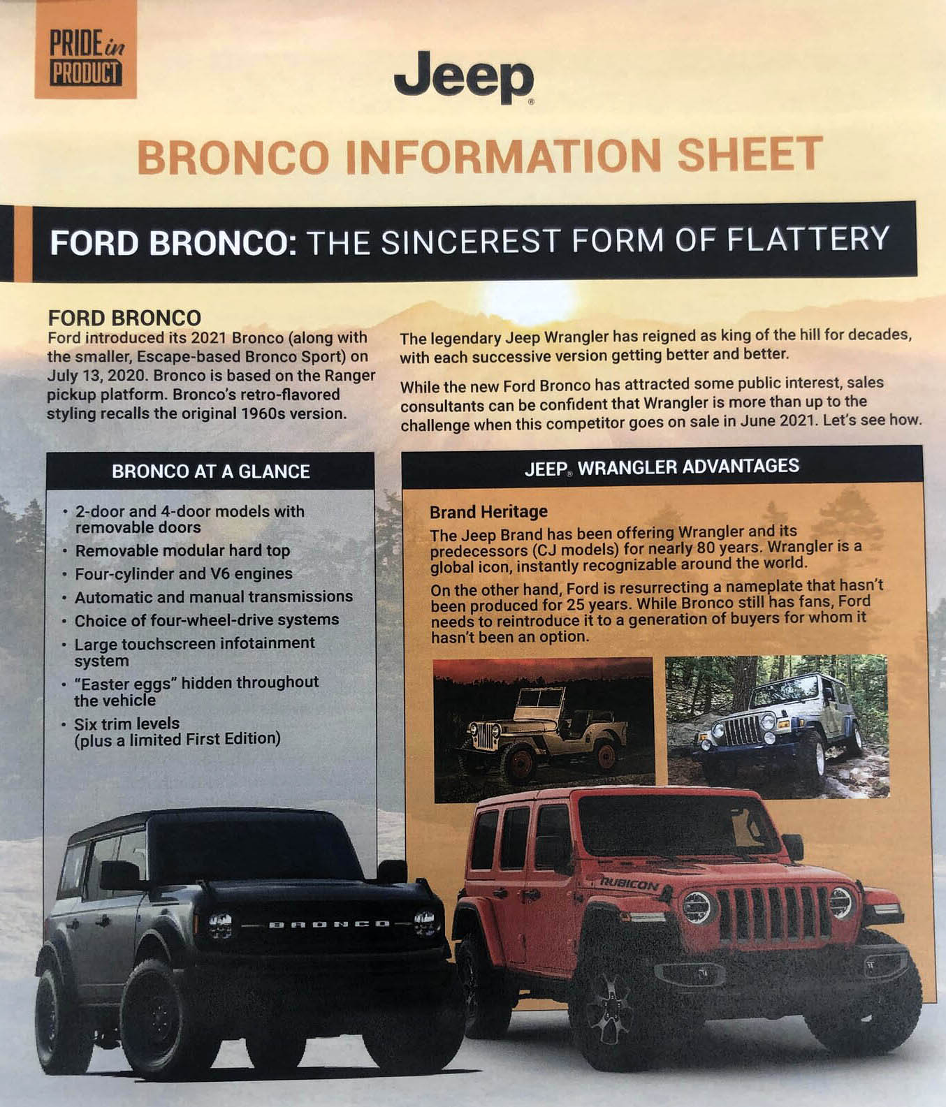 Just A Car Guy: Jeep realized they needed to get into action to deflate the  Bronco publicity, and published a comparison, what sets the Wrangler apart,  a guide for Jeep salespeople