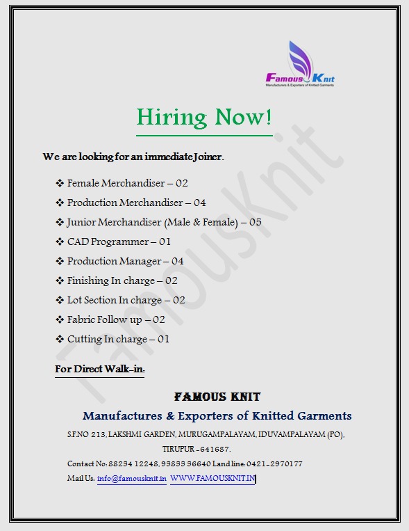 PART 2 (30.08.2021) ALL GARMENTS AND SPINNING MILL RELATED JOBS WANTED