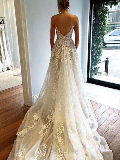 A-line V-neck Tulle Sweep Train with Appliques Lace Wedding Dresses