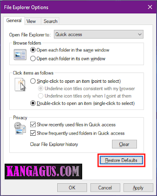 Contoh gambar ilustrasi tampilan jendela File Explorer Options di windows