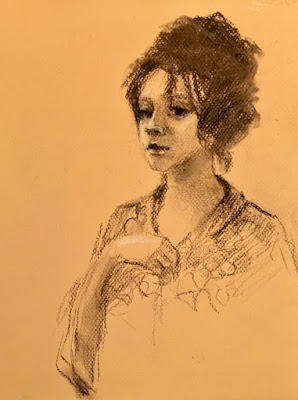 My Reluctant Model charcoal portrait drawing of young woman with hesitant expression on colored paper