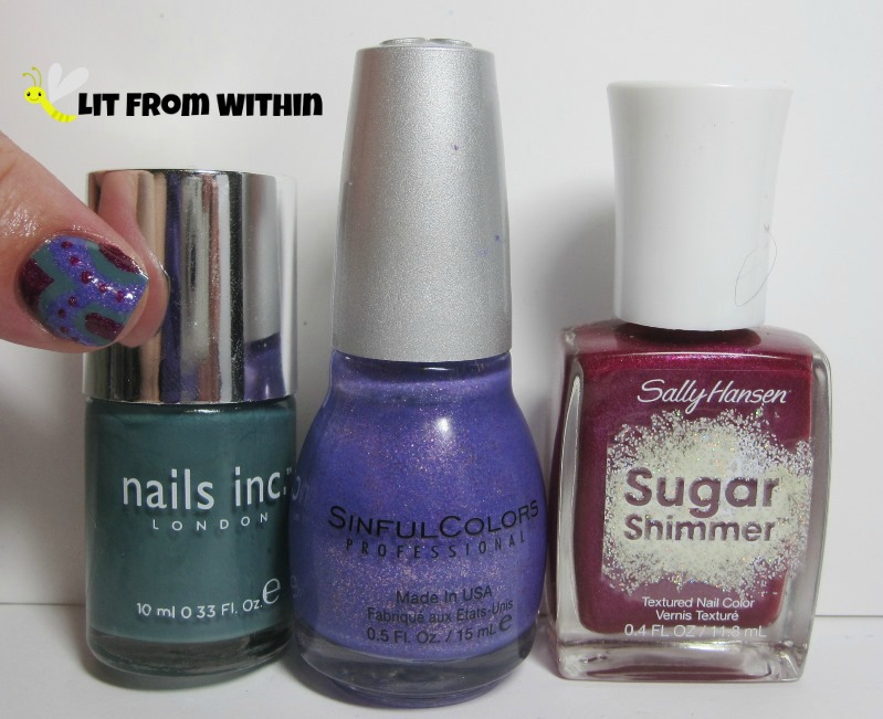 Bottle shot: Nails Inc Green Park, Sinful Colors Purple Gleam, and Sally Hansen Sugar Shimmer Cinny Sweet.