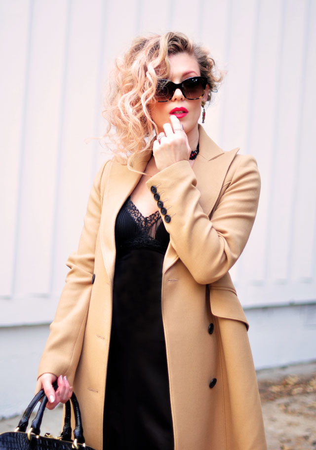 Camel Coat & Vintage Black Slip {dress}