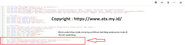 Pemasangan copy dan pastekan kode " HTML Meta Tag " Dari bing webmaster tools di blog
