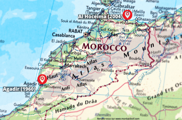 Cette carte représente les séisme de l'histoire du maroc