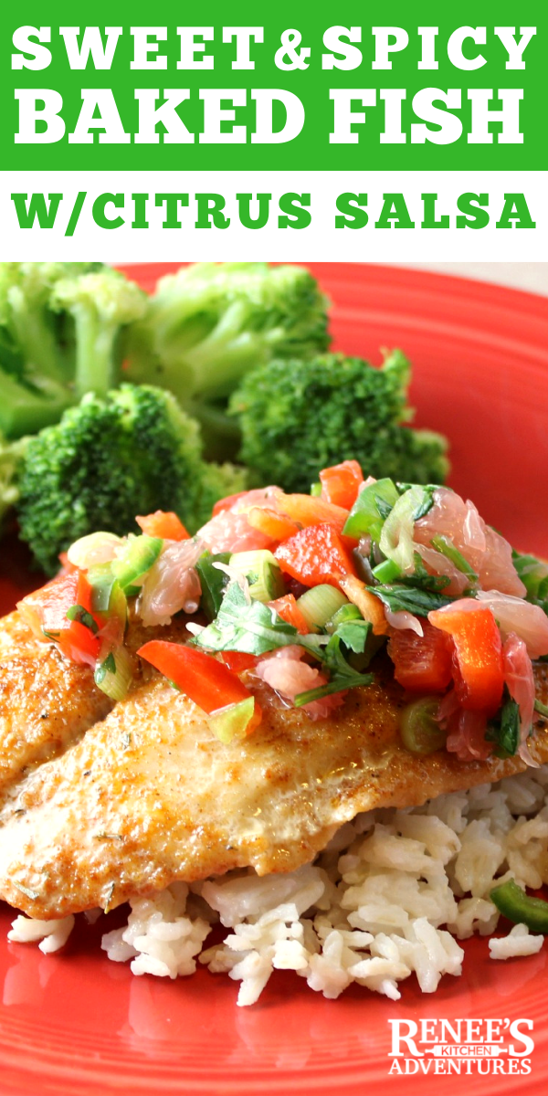 Sweet & Spicy Baked Fish with Citrus Salsa pin for Pinterest