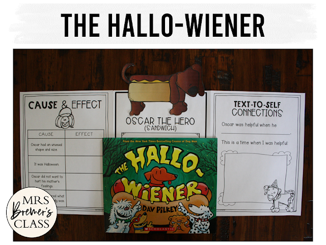 The Hallo-Wiener book study activities unit for Halloween with Common Core aligned literacy companion activities and a craftivity for Kindergarten and First Grade