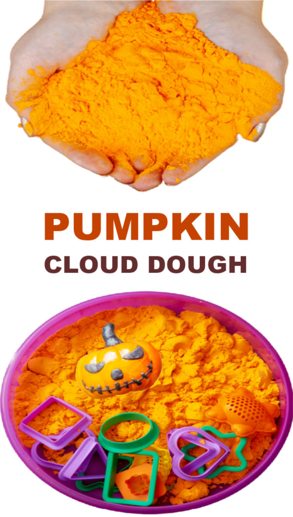 Pumpkin cloud dough recipe for kids fall sensory play activities #clouddough #clouddoughrecipe #pumpkinclouddough #fallactivitiesforkids #growingajeweledrose