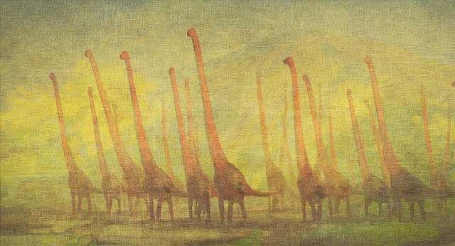 Стадо Omeisaurus. Омейзавры на позднем дневном солнце юрского периода.