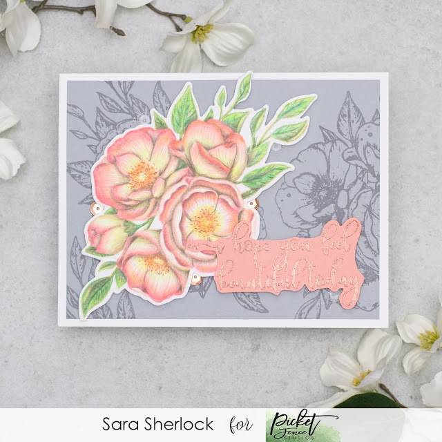 Handmade Card, created with Picket Fence Studios new stamp set "Watercolor Roses".  Pencil coloring done with Polychromos pencils.  Also featuring Iridescent Moonshine Sequin Mix.
