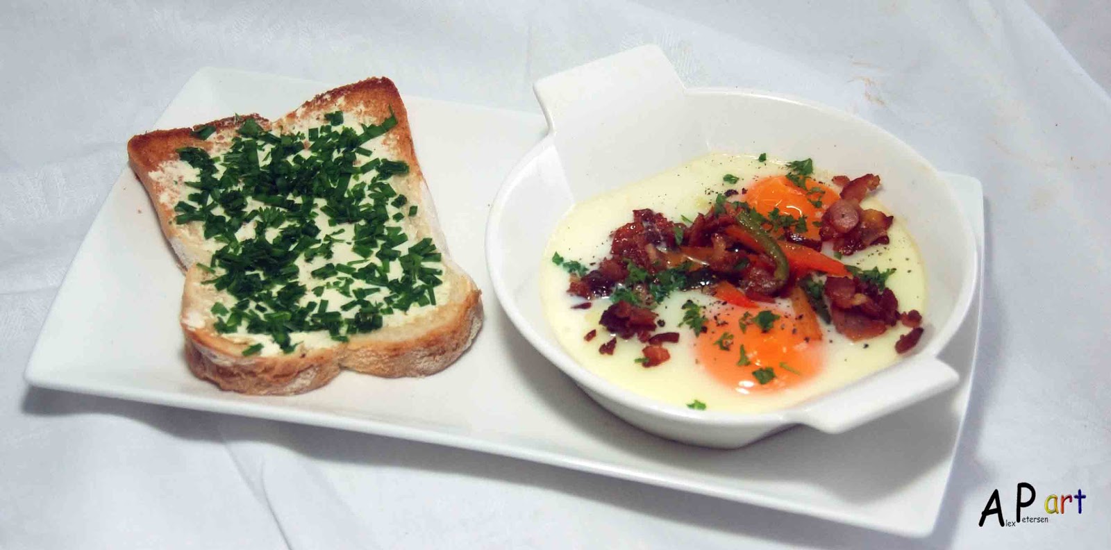 Alex the Contemporary Culinarian Baked Eggs with Bacon Capsicum and