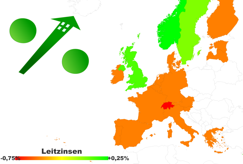 Karte Leitzinsen Schweiz, Eurozone, Skandinavien, UK