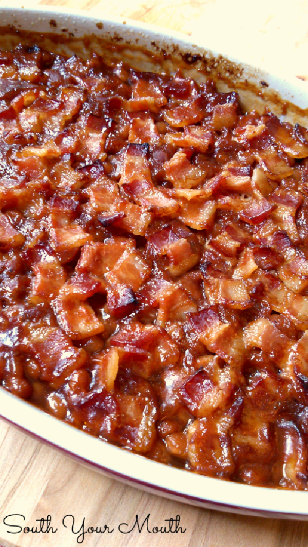 Southern Style Baked Beans! A classic Southern-style baked beans recipe made with brown sugar topped with crispy bacon.