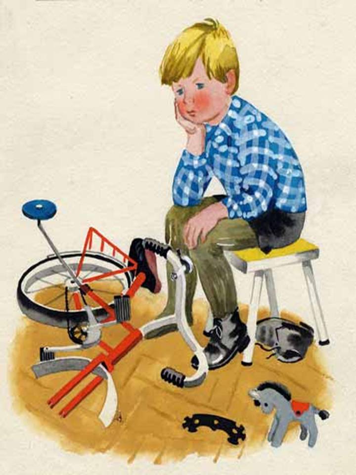 Как миша хотел маму перехитрить пермяк. Е ПЕРМЯК как Миша хотел маму перехитрить картинки. Сломанный детский велосипед. Мальчик сломал велосипед.