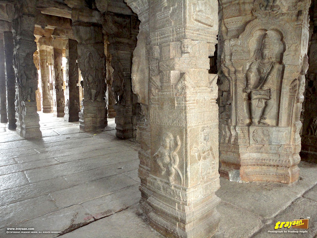 100 pillared Ranga Mandapa or Dance Hall, with Intricately sculpted pillars inside the Veerabhadra Swamy Temple at Lepakshi, in Andhra Pradesh, India