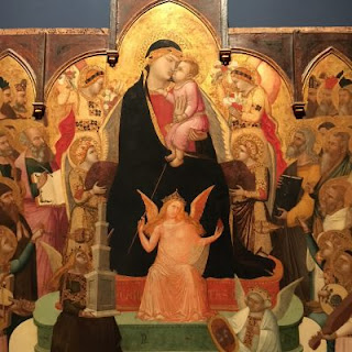 Ambrogio Lorenzetti: Madonna col Bambino in trono con Virtù teologali, angeli musicanti, santi e profeti (1335 circa)