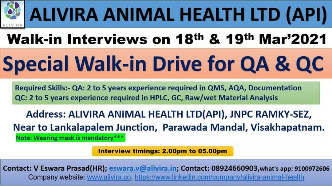 Alivira Animal Health Walkin interview for QC/QA on 18& 19th Mar 2021