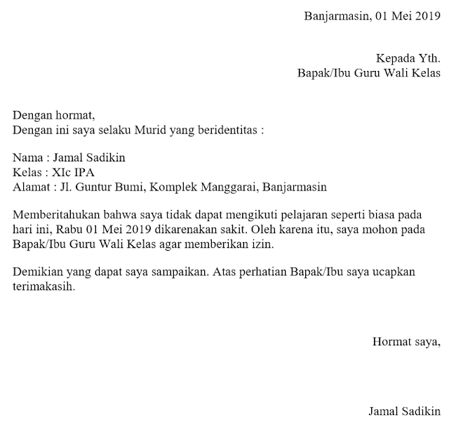 Contoh Surat Izin Sakit Tidak Masuk Kelas / Sekolah