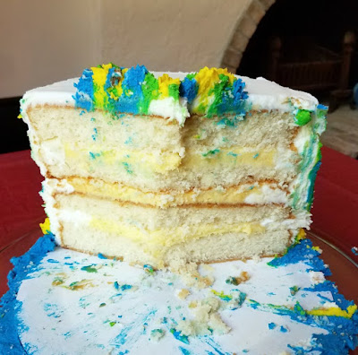inside of white cake with shortcut bavarian cream pudding filling
