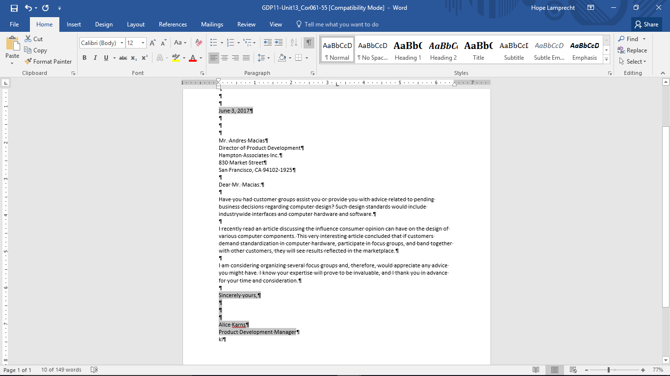 How to Set a Left Tab for a ModifiedBlock Style Letter