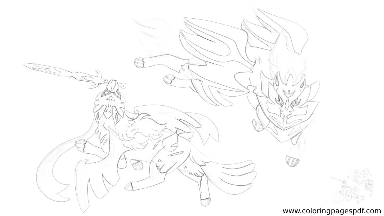Coloring Page Of Zacian Both Forms Floating