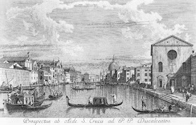 Visentini's engraving, a copy of a Canaletto painting, looking east along the Grand Canal from Santa Croce