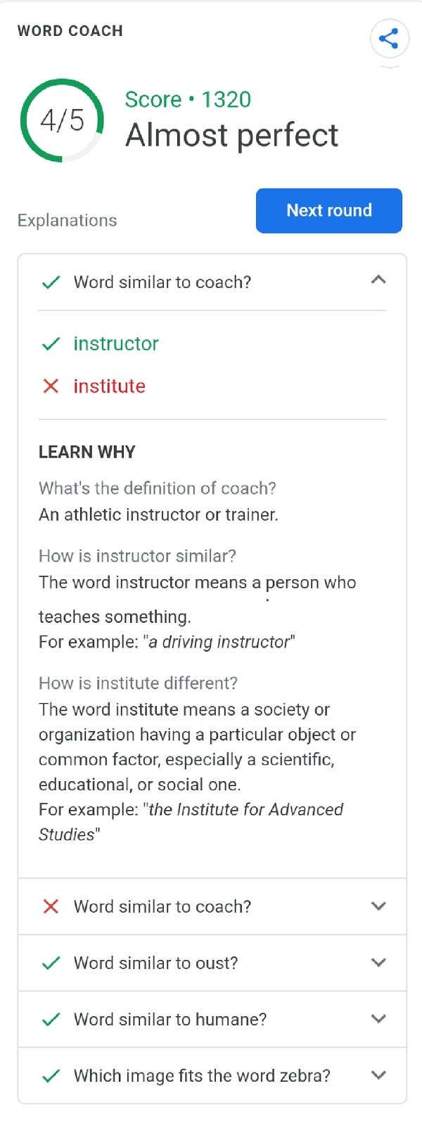 does google word coach game provide the explanation of every answered question whether it is right or wrong