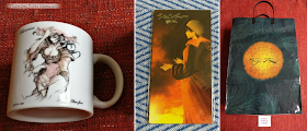 Shenmue merchandise: Niao Sun mug (left), Shenhua CD single (center) and carry bag from the Shenmue Premiere (right).
