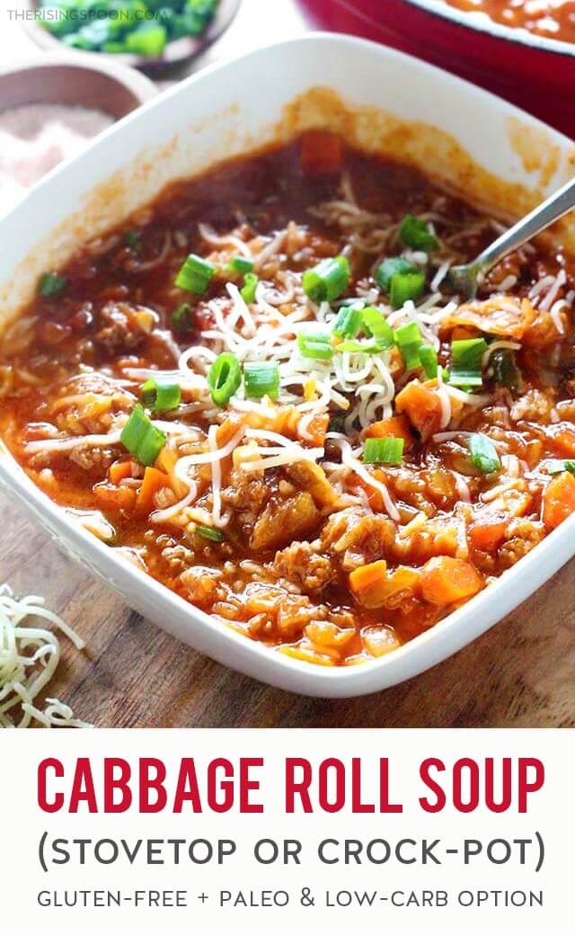 An easy, one-pot recipe for Cabbage Roll Soup that you can prep in about 20 minutes. Let it simmer on the stovetop for an hour or transfer to a crock-pot to slow cook for several hours. The end result is a rich, yet healthy soup packed with tomato, beef & veggie flavors similar to stuffed cabbage rolls but without all the work. Ladle it into bowls with cooked white rice or cauliflower rice for a hearty meal that will warm your belly! (Gluten-Free with Paleo & Low-Carb option)