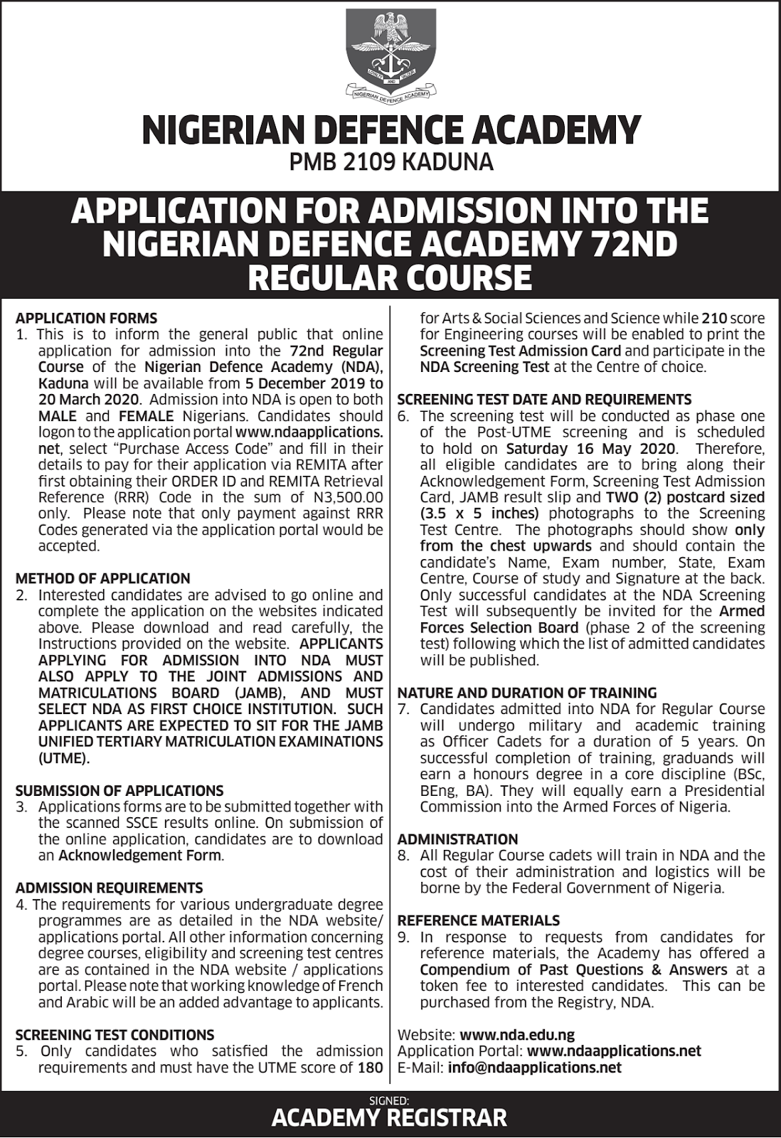 NDA 72nd RC Application Form Guidelines 2020/2021 [UPDATED]