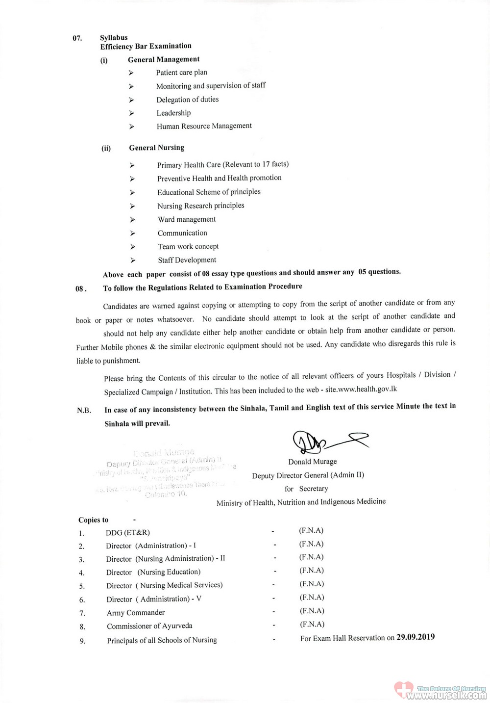 Efficiency Bar Examination for Grade I Nursing Offices