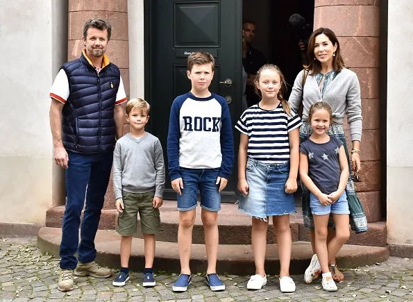 Crown Princess Mary wore SEA Sabine printed silk crepe dress. Prince Frederik, Prince Christian, Princess Isabella, Prince Vincent, Princess Josephine