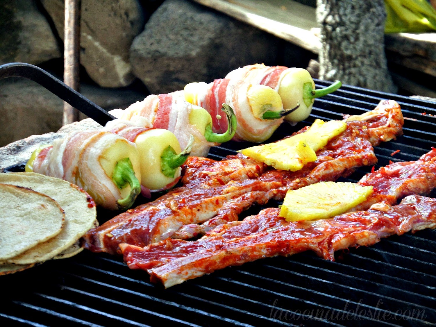 Grilled Pineapple Steaks w/ Adobo & Bacon Wrapped Peppers - lacocinadeleslie.com 