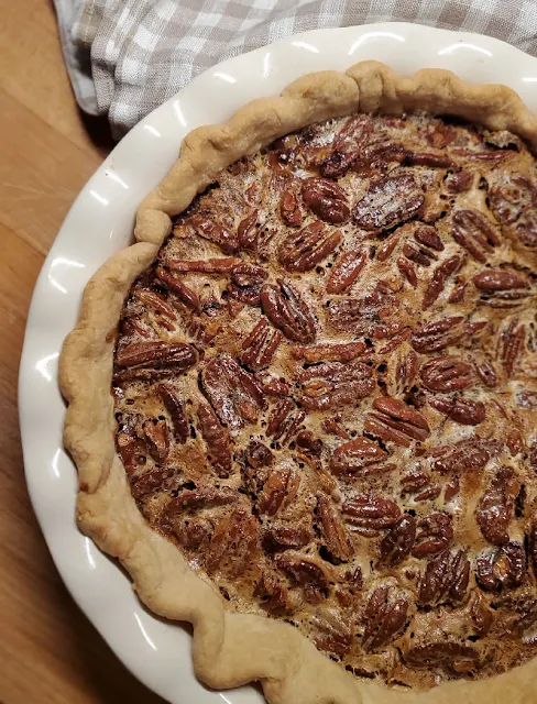 overhead closeup of maple bourbon pecan pie