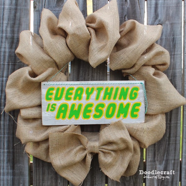 Lego inspired Everything is Awesome burlap wreath.
